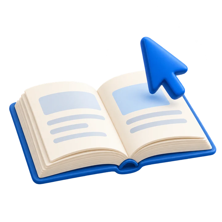 Illustration en relief d’un livre ouvert avec un curseur bleu.