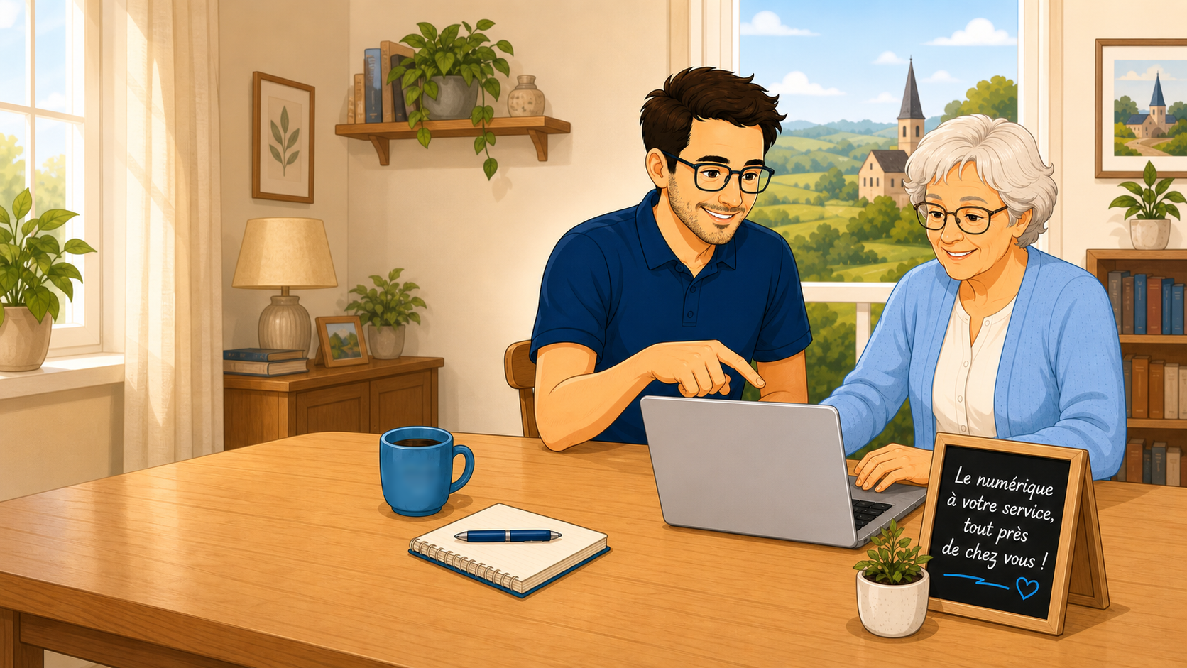 Illustration d'un accompagnant aidant une personne senior devant un ordinateur portable.
